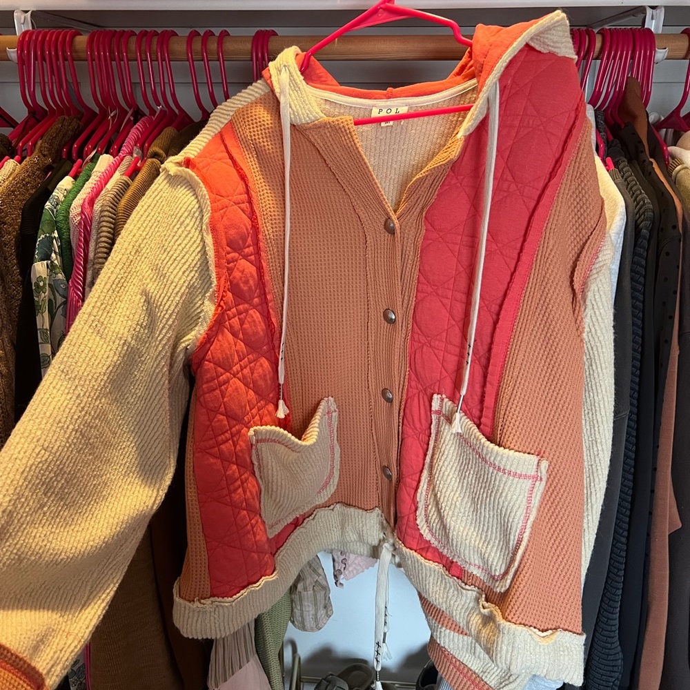 POL Womens Patchwork Quilted Hooded Cardigan in Coral, Peach & Cream